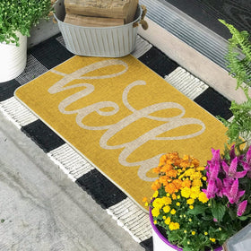 Artoid Mode Yellow Hello Spring doormat pattern closeup highlights vibrant motif for curb appeal