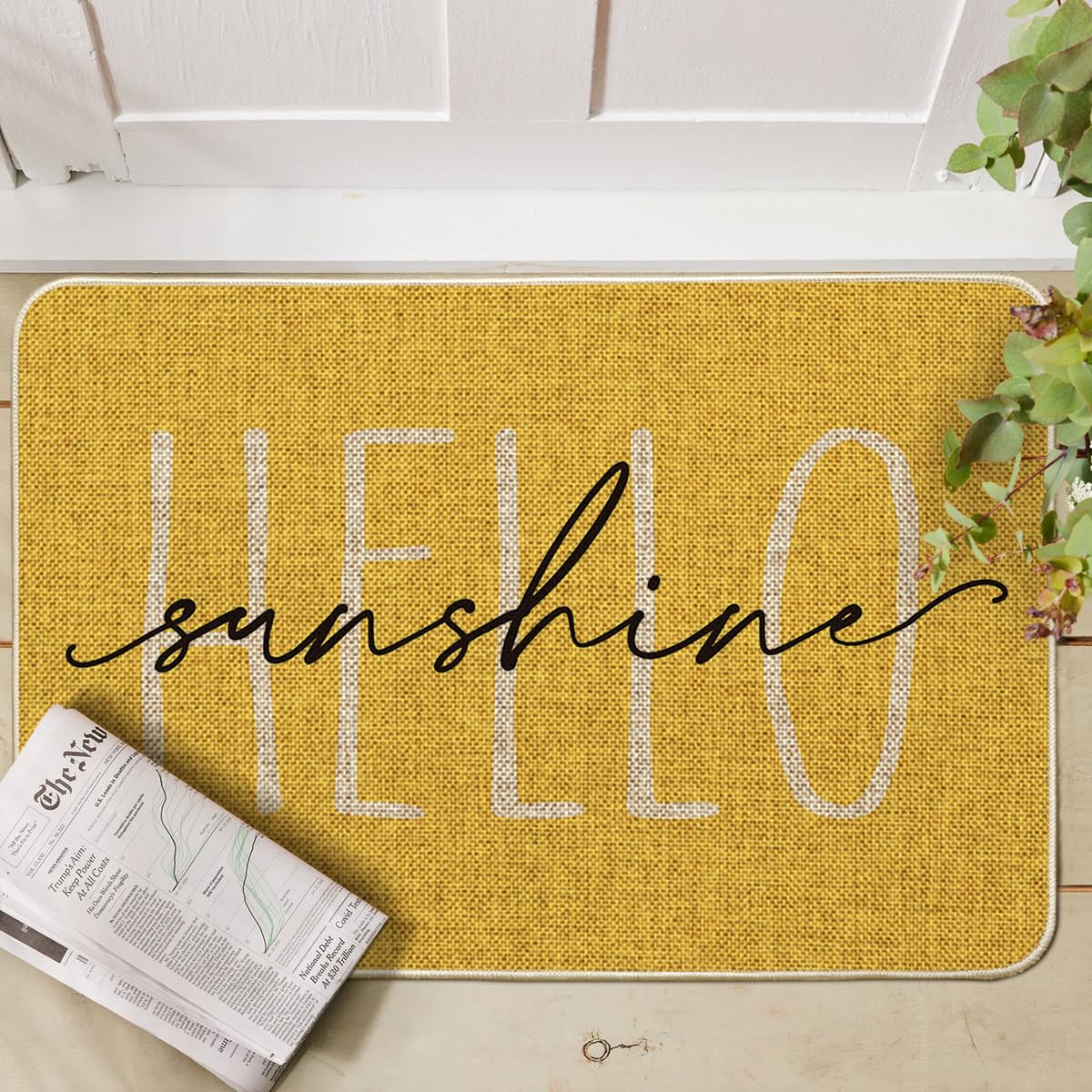 Artoid Mode Yellow Hello Sunshine doormat, close-up, vibrant print adds cheerful curb appeal.
