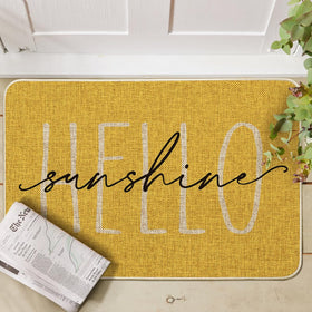 Artoid Mode Yellow Hello Sunshine doormat, close-up, vibrant print adds cheerful curb appeal.