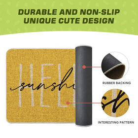 Artoid Mode Yellow Hello Sunshine doormat, porch scene, easy to hose clean after outdoor use.