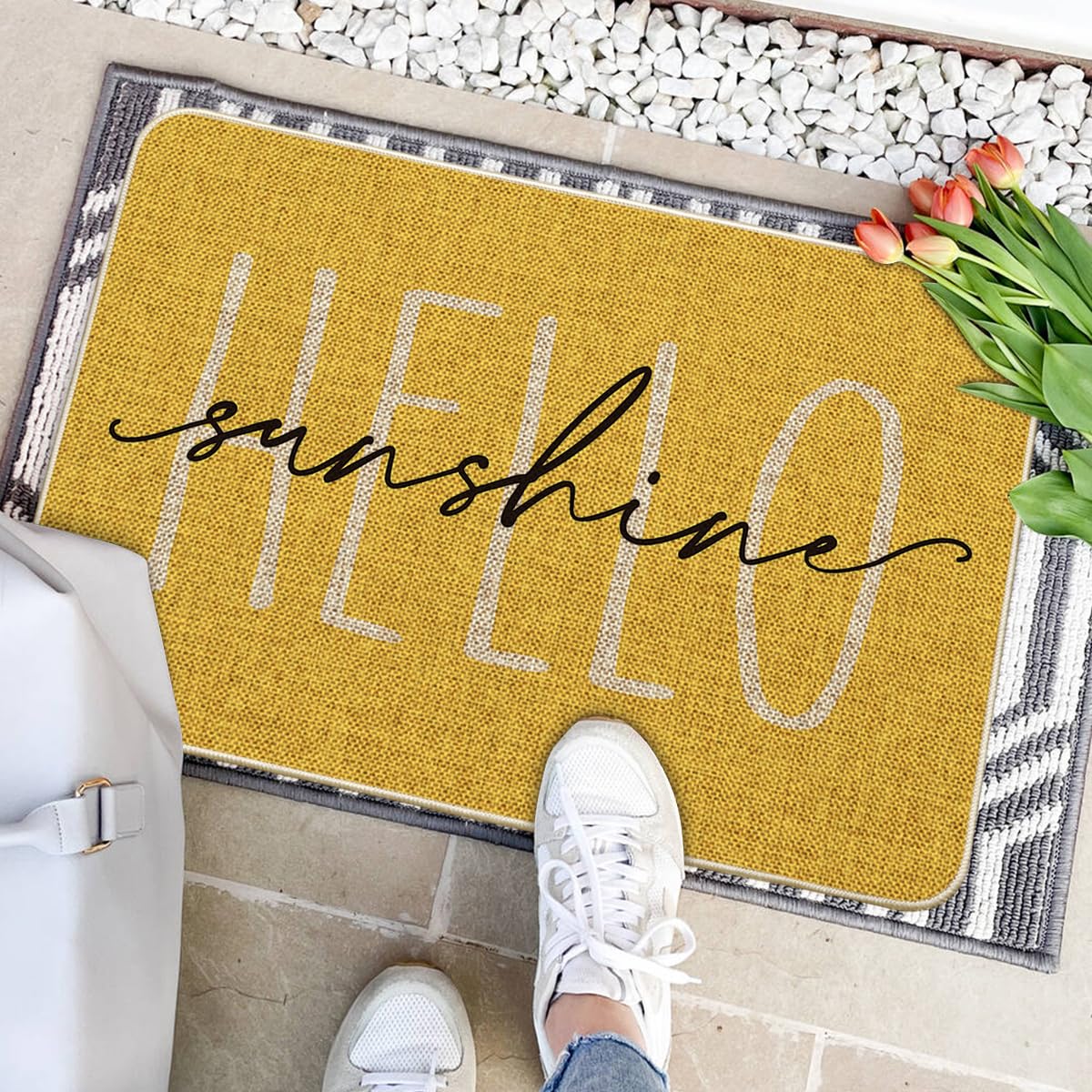 Artoid Mode Yellow Hello Sunshine doormat, outdoor use, low-profile mat resists tripping.