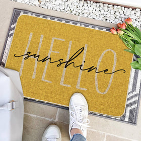 Artoid Mode Yellow Hello Sunshine doormat, outdoor use, low-profile mat resists tripping.