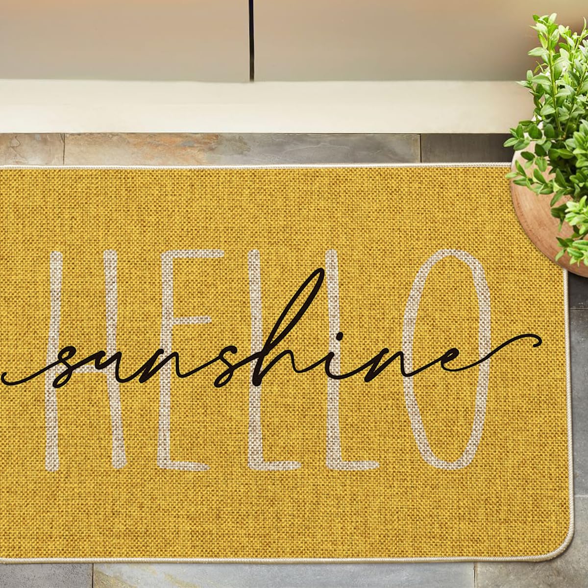 Artoid Mode Yellow Hello Sunshine doormat, low-profile design, reduces trips while welcoming guests.