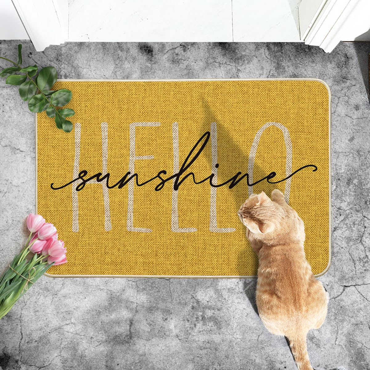 Artoid Mode Yellow Hello Sunshine doormat, texture detail, durable backing provides non-slip hold.