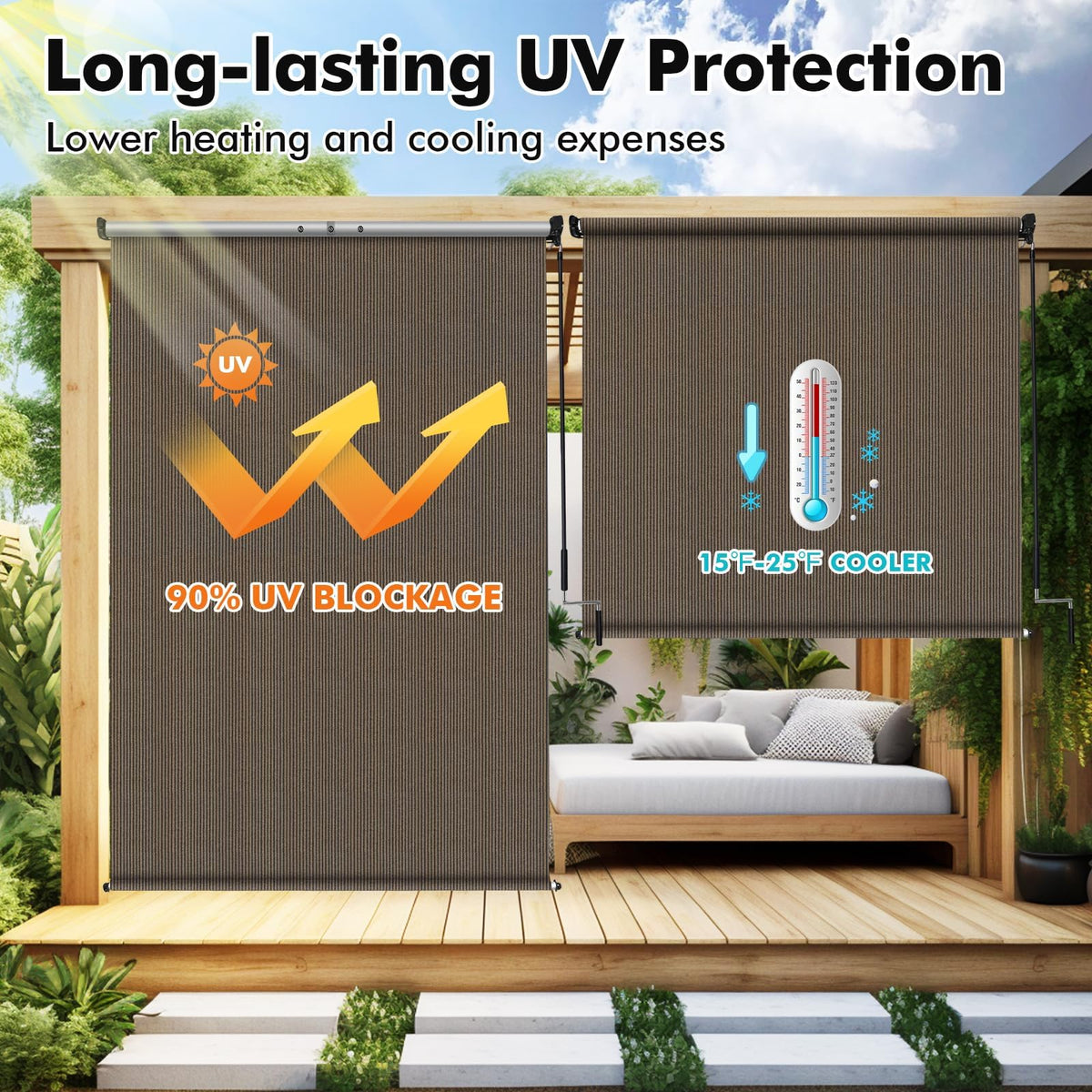 Artpuch cordless wand enables easy, safe outdoor shade adjustment.