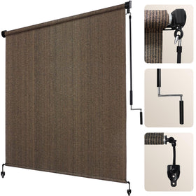 Artpuch mocha patio roll-up shade on porch provides inviting daytime privacy.