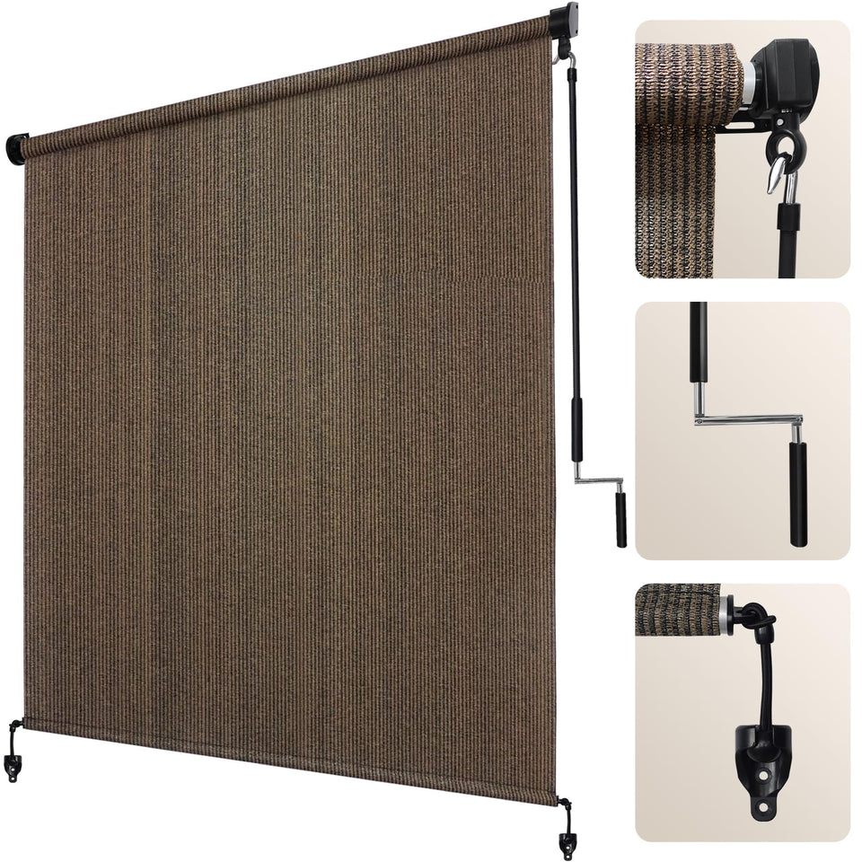 Artpuch mocha patio roll-up shade on porch provides inviting daytime privacy.