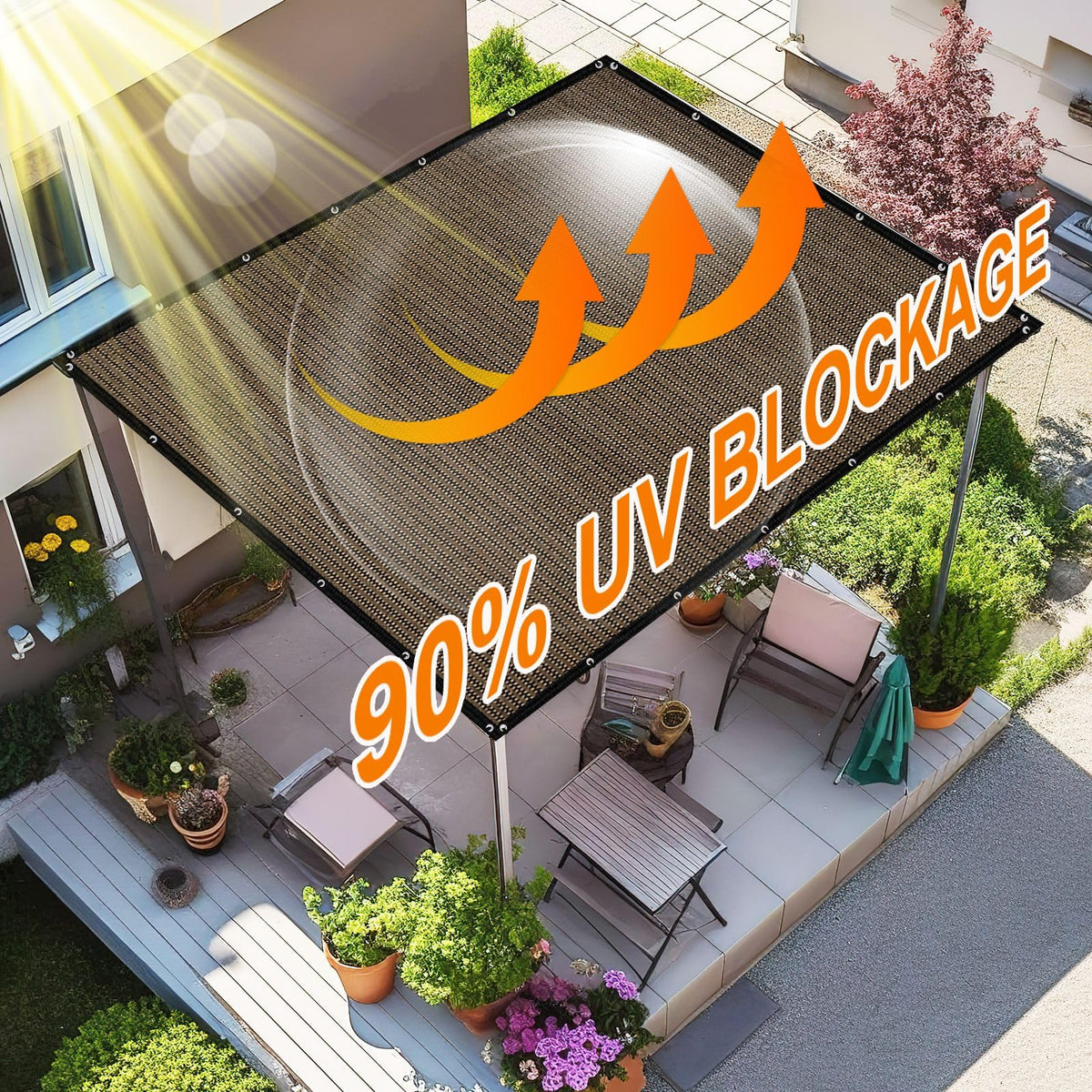 Artpuch UV-blocking shade fabric reduces heat in outdoor seating areas.