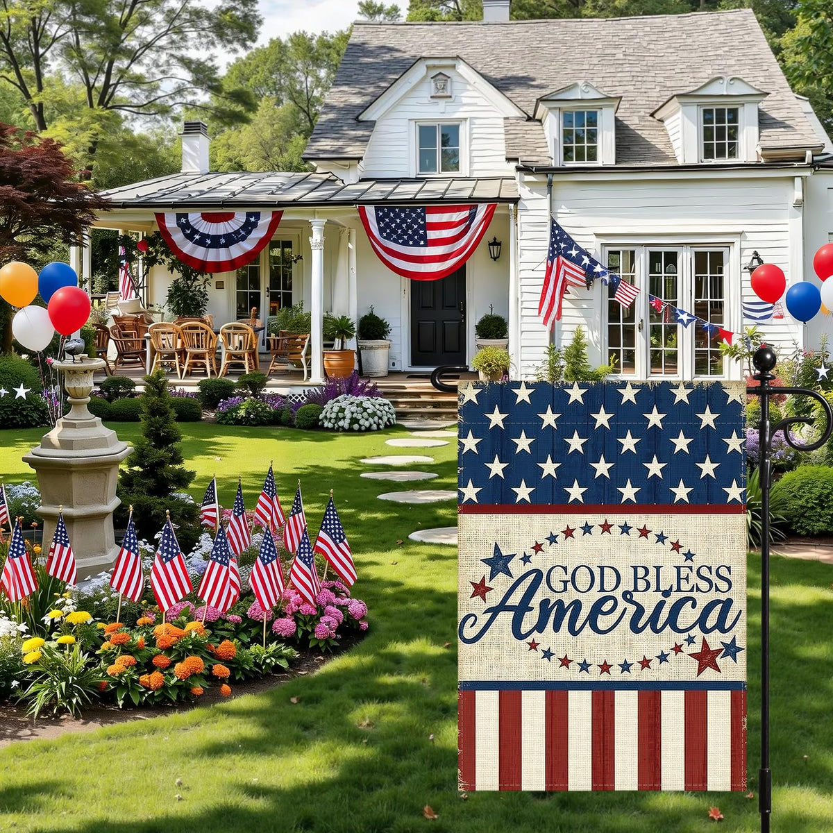 Artscope flag with burlap-like texture, weather-resistant outdoor use.