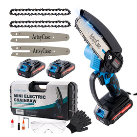 ArtsyCase mini chainsaw 6inch cordless cutting power for on-the-go woodwork.