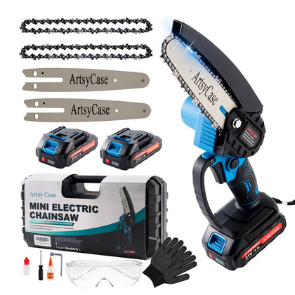 ArtsyCase mini chainsaw 6inch cordless cutting power for on-the-go woodwork.
