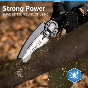 ArtsyCase mini chainsaw with removable battery enabling easy swaps during projects.