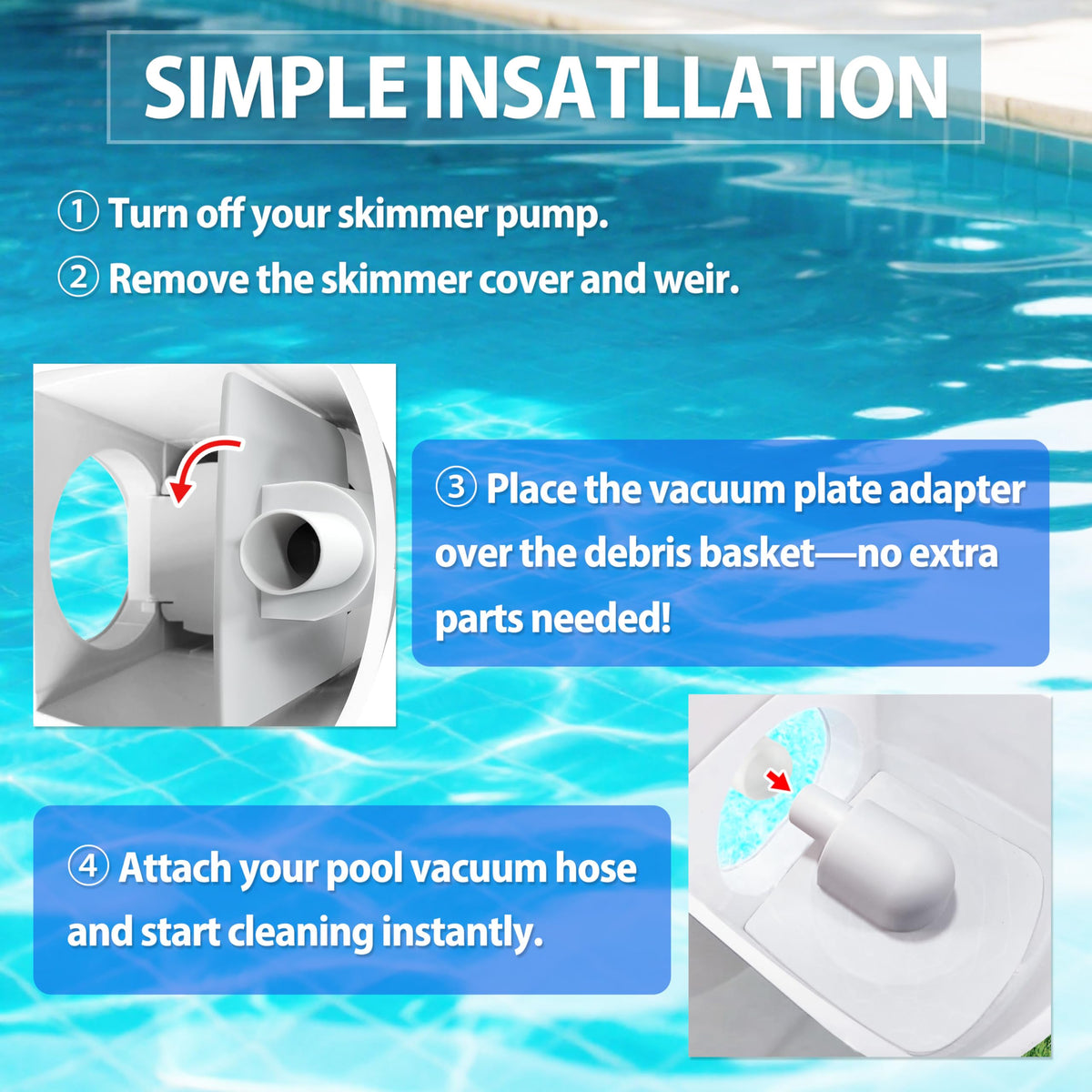 ARU pool hose connection with vacuum plate adapter for a secure above-ground setup.