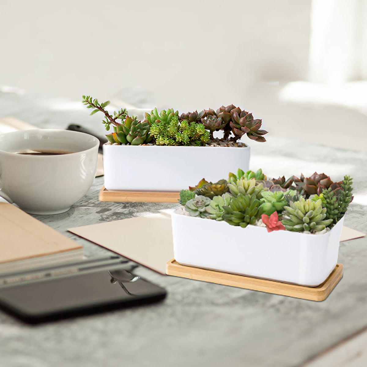 ARVINKEY bamboo tray under planter adds natural support