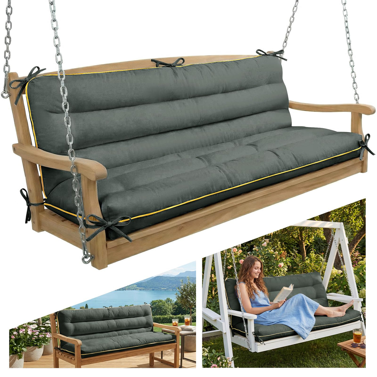 AS AWESLING outdoor swing cushion gray front view with water-shedding fabric for quick-dry comfort