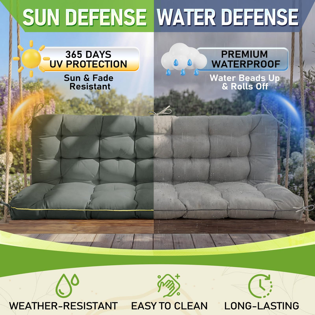 AS AWESLING swing cushion with tie straps stays secure in breezy weather.