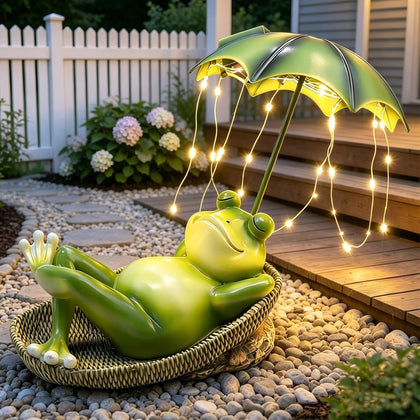 ASDFG 6.7-inch solar frog garden statue with light-up umbrella adds warm outdoor ambiance.