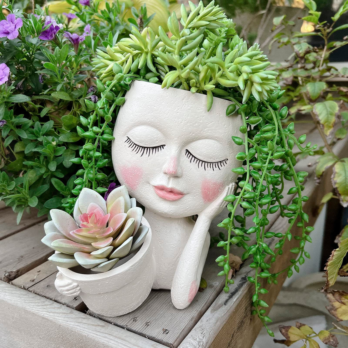ASDFG face pot with dual openings for vibrant indoor plants.