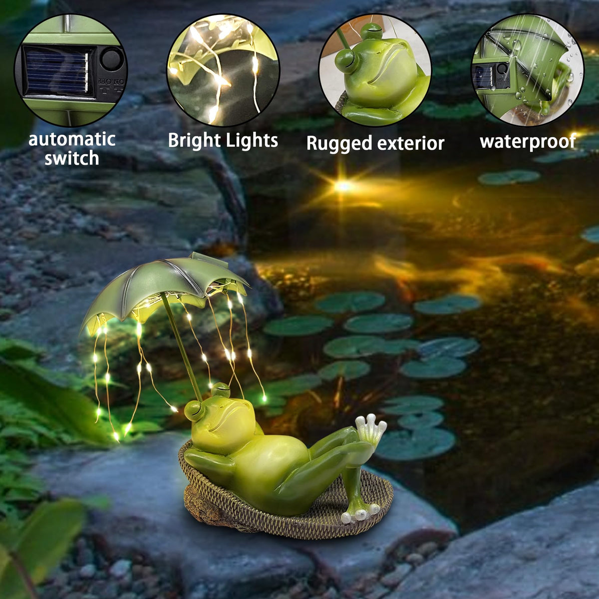 ASDFG frog garden sculpture designed for outdoor use with IP65 waterproof rating.