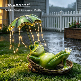ASDFG solar frog garden statue in resin stands rain or shine.