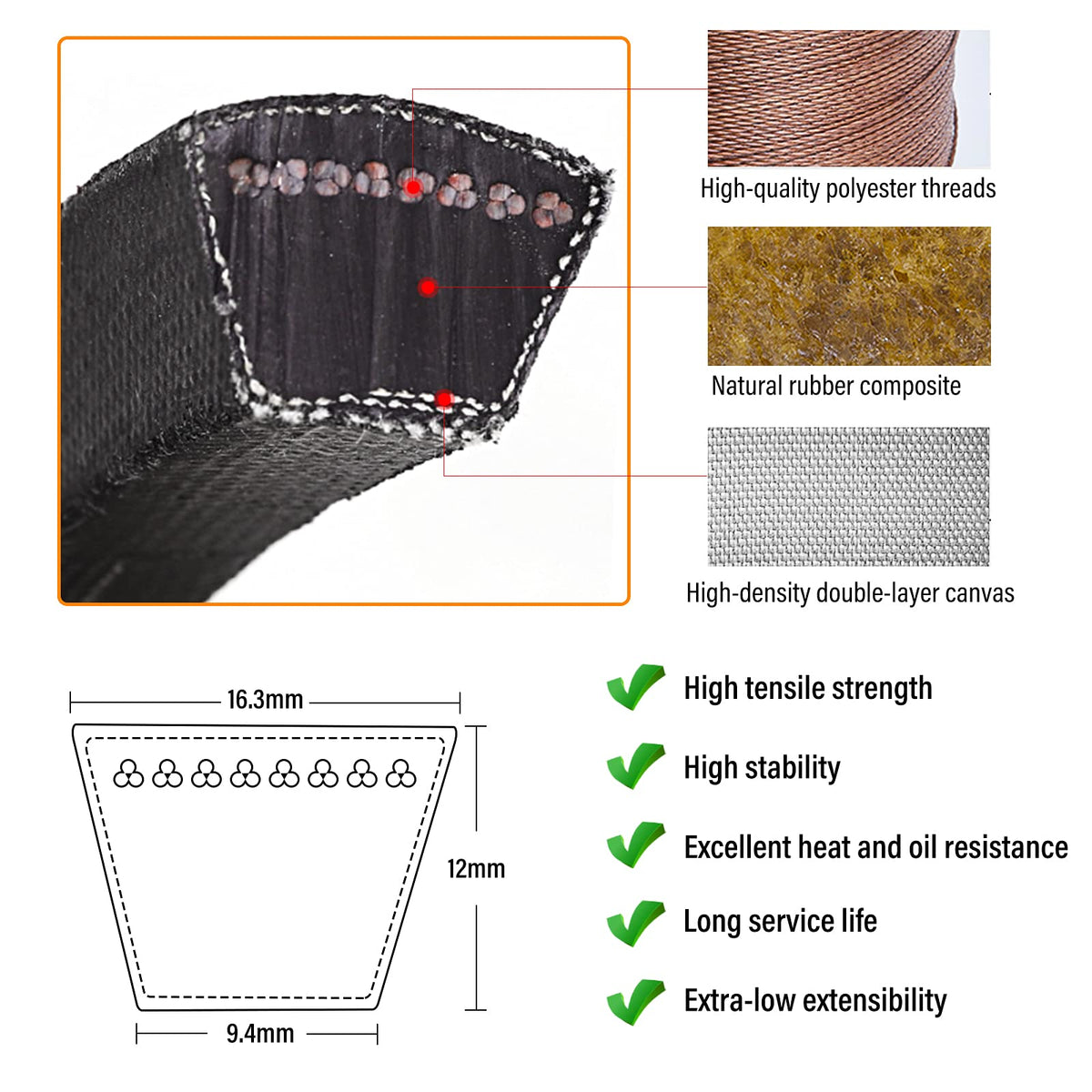 ASDICOXB belt with heat and oil resistance for tough yard work.