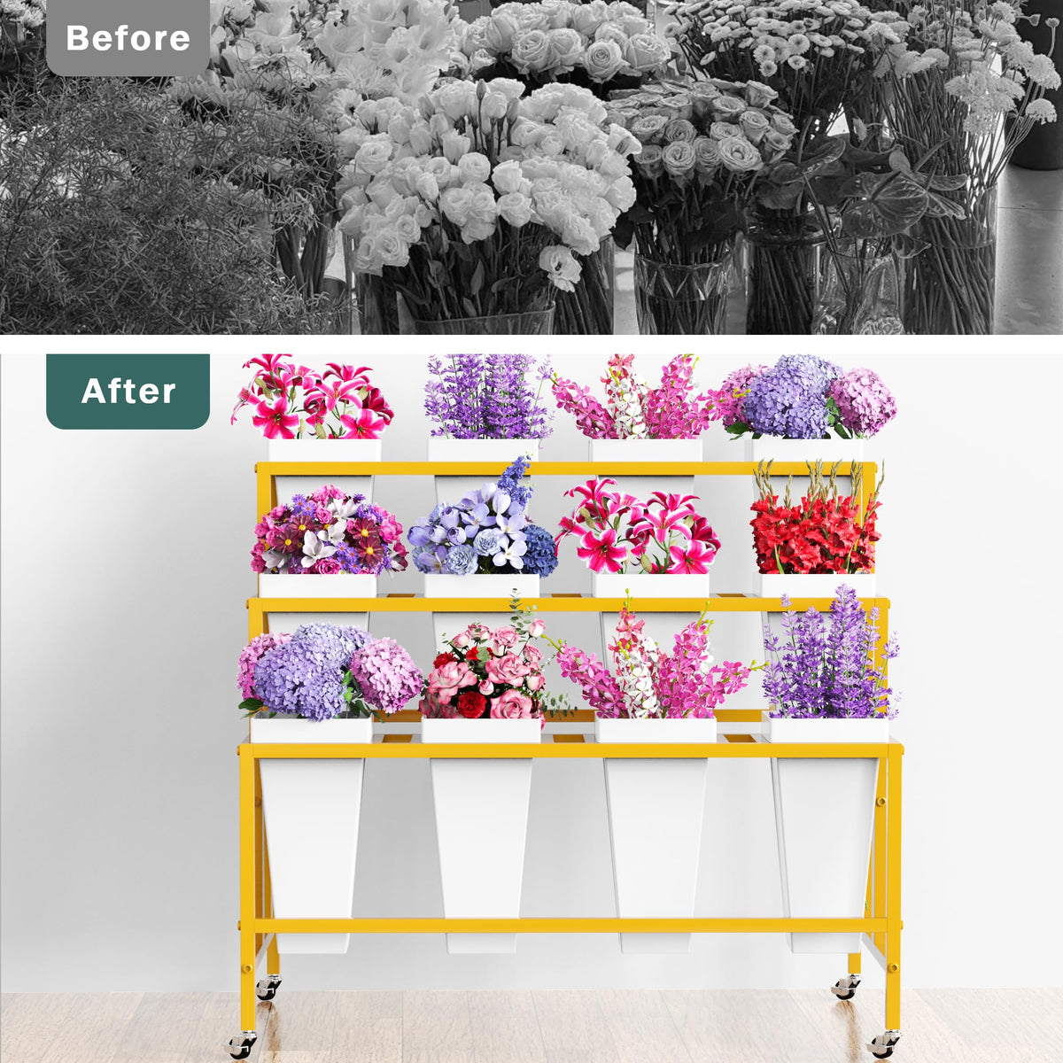 Asee'm wheeled stand ready for indoor or outdoor floral setups.