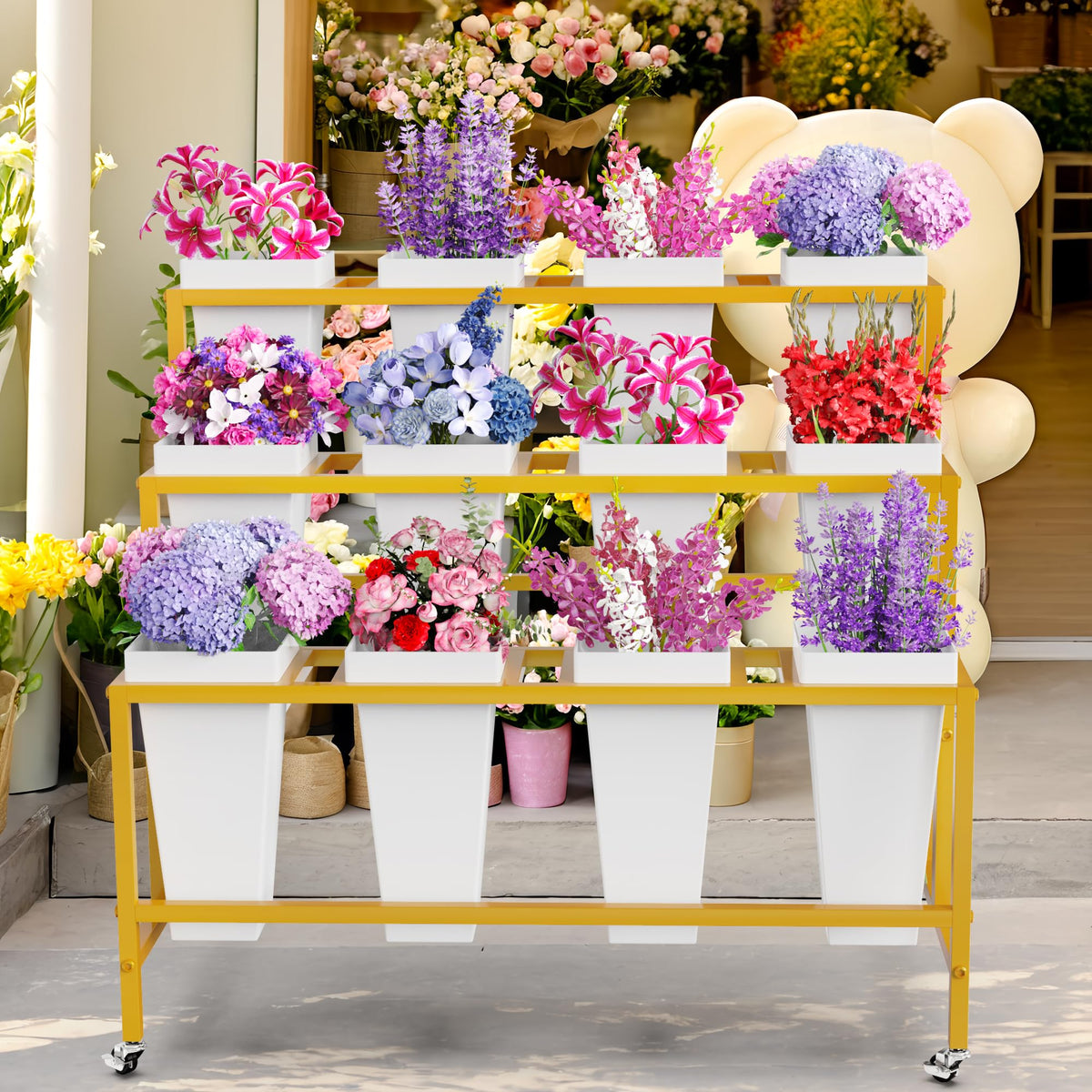 Asee'm gold-finish stand elevates wedding, party, and shop florals.
