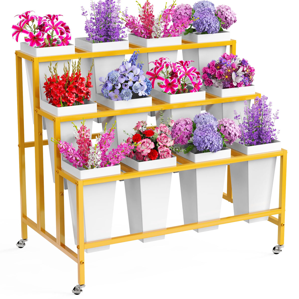 Asee'm flower display stand with 12 buckets in gold, ideal for florist displays.