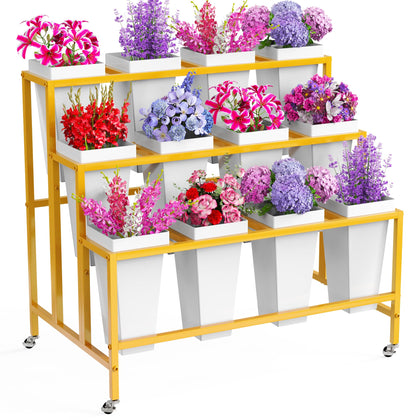 Asee'm flower display stand with 12 buckets in gold, ideal for florist displays.