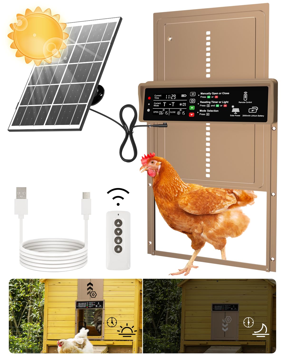 AsFrost solar powered chicken coop door front view showing auto opening feature for easy daily use