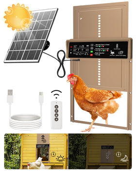 AsFrost solar powered chicken coop door front view showing auto opening feature for easy daily use