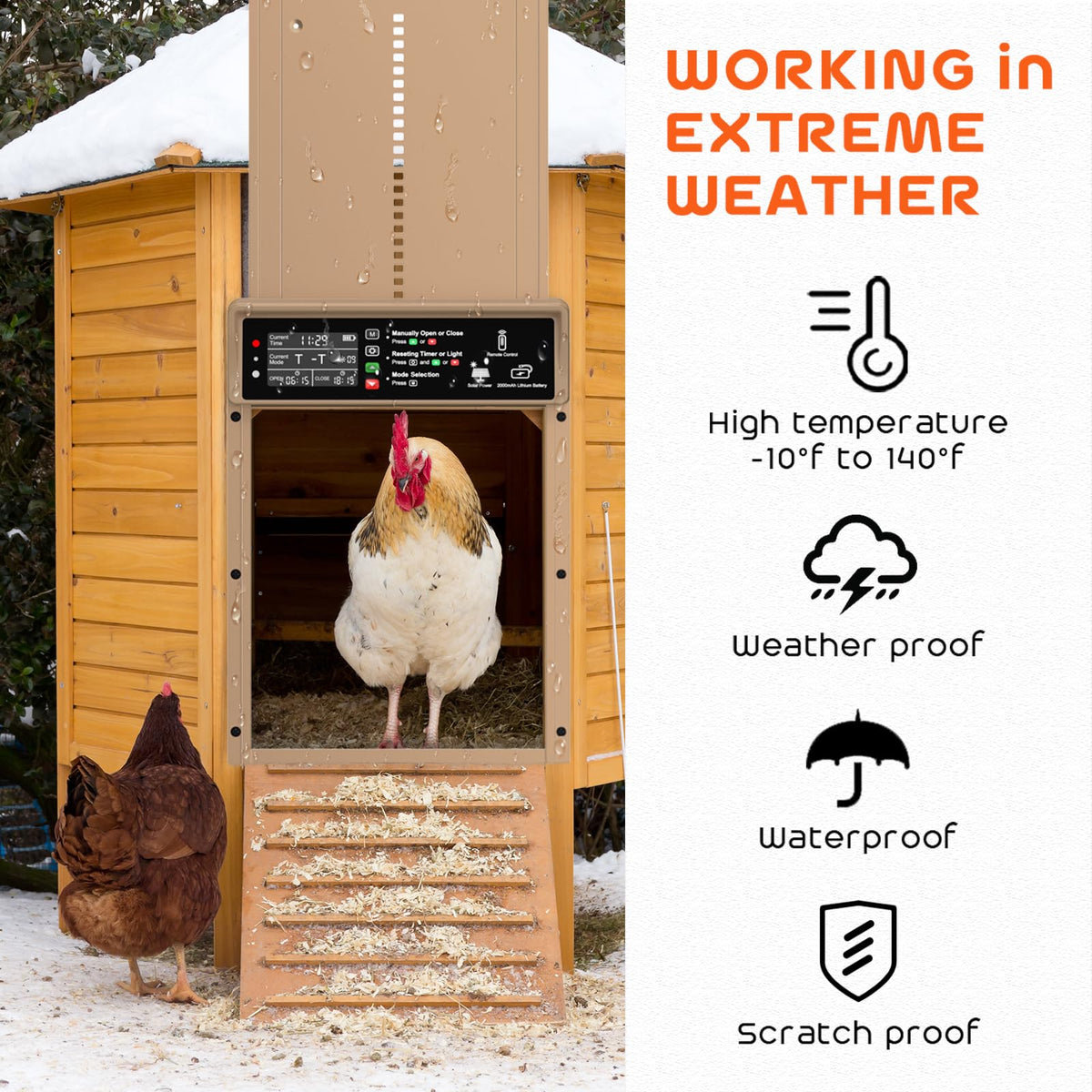 AsFrost weatherproof coop door shows rugged aluminum and ABS durability
