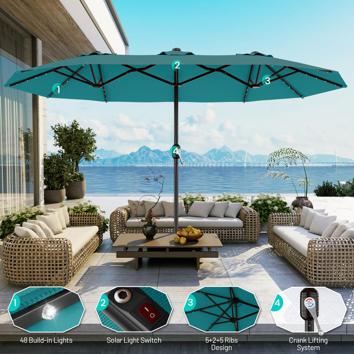 AreShark solar lights illuminate outdoor dining area at night.