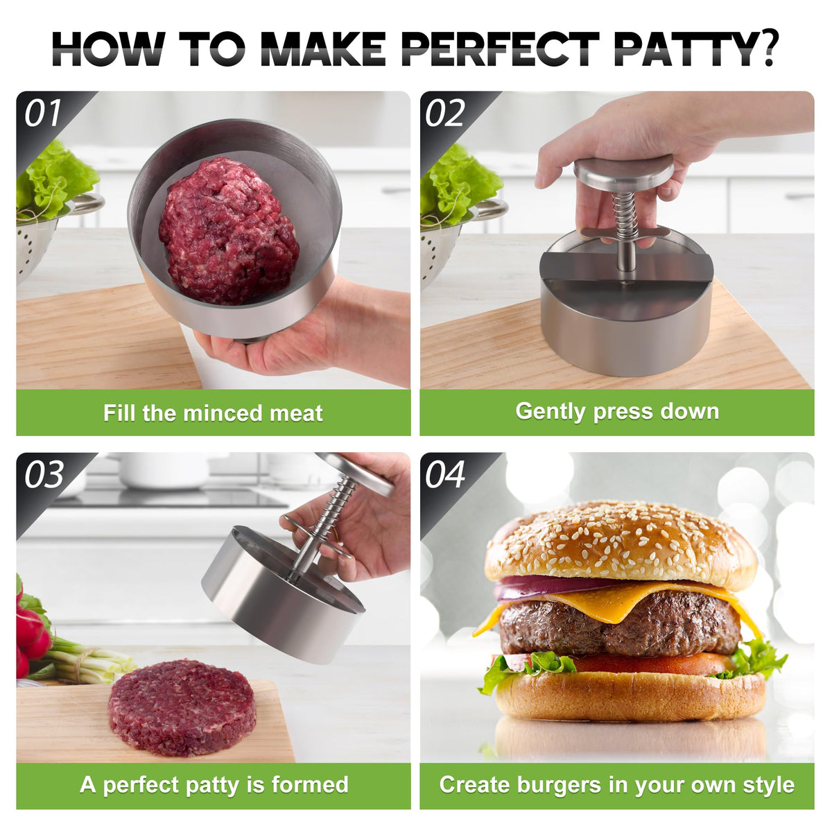ASJIADE burger press creates evenly shaped patties for uniform browning.
