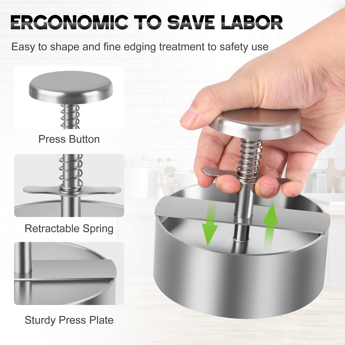 ASJIADE burger press with spring plunger for one-handed patty molding.