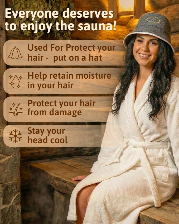 ASKOLD sauna hat gray flat lay with materials and size context