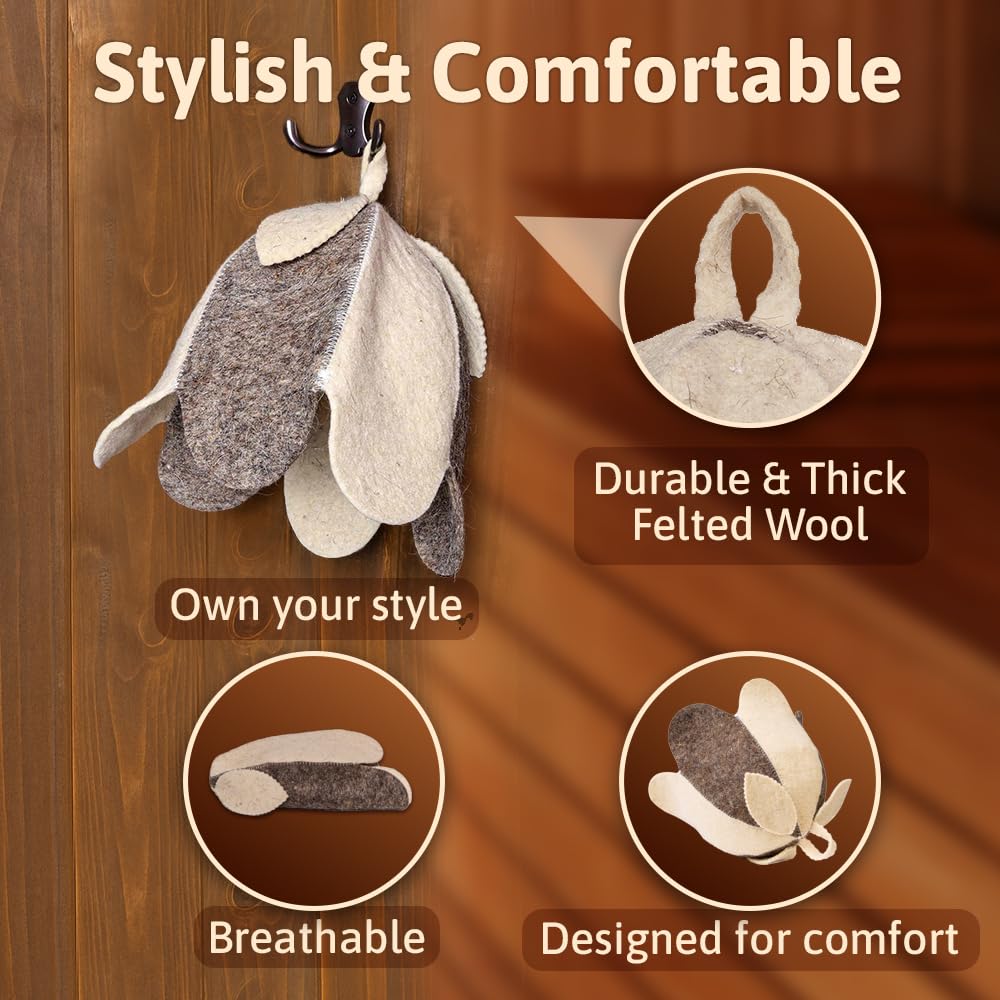 ASKOLD wool sauna hat, back view, keeps hair neatly contained while enjoying the sauna.