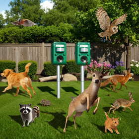 Aspect Living solar ultrasonic animal repellent front view protects gardens without chemicals.