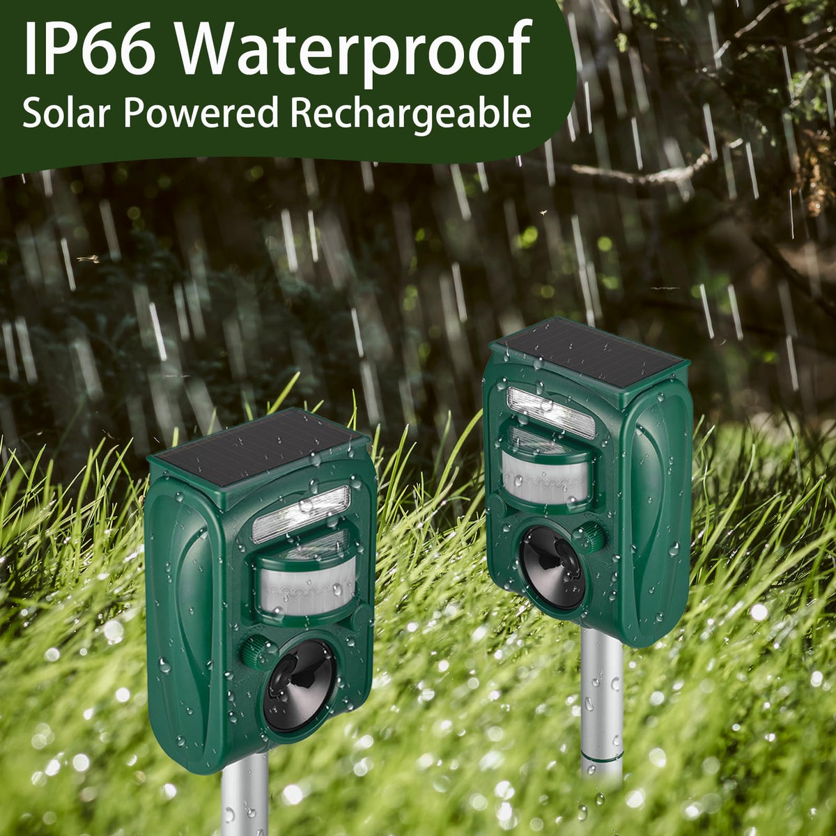 Aspect Living solar ultrasonic animal repellent in garden scene deterring wildlife.
