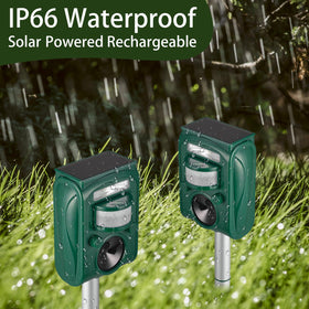 Aspect Living solar ultrasonic animal repellent in garden scene deterring wildlife.