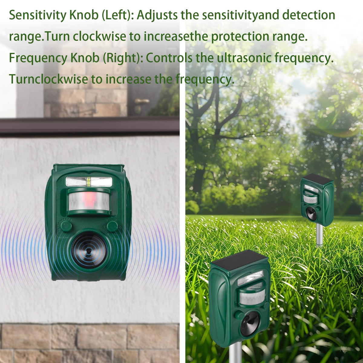 Aspect Living solar ultrasonic animal repellent flashing LED for enhanced visibility.