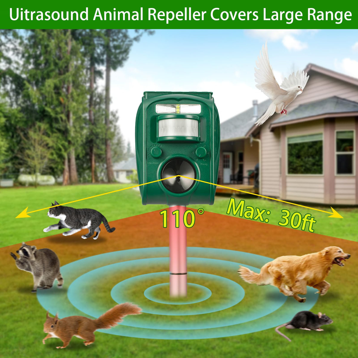 Aspect Living solar ultrasonic animal repellent motion sensor triggers humane deterrence.