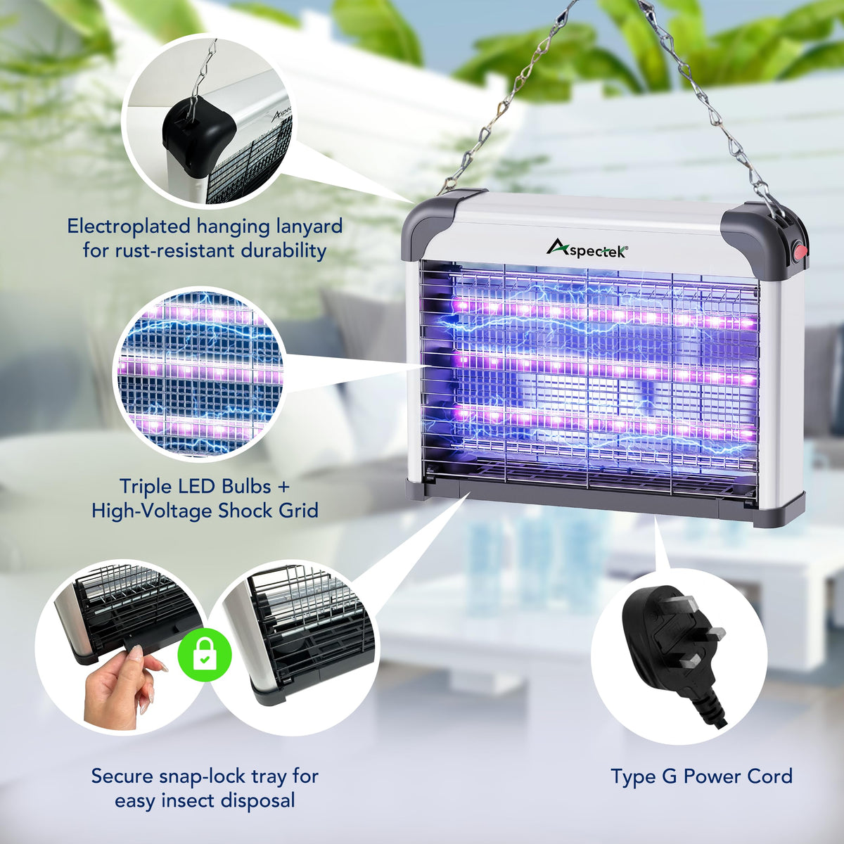 Aspectek bug zapper electric grid close-up showing safe mesh for households.