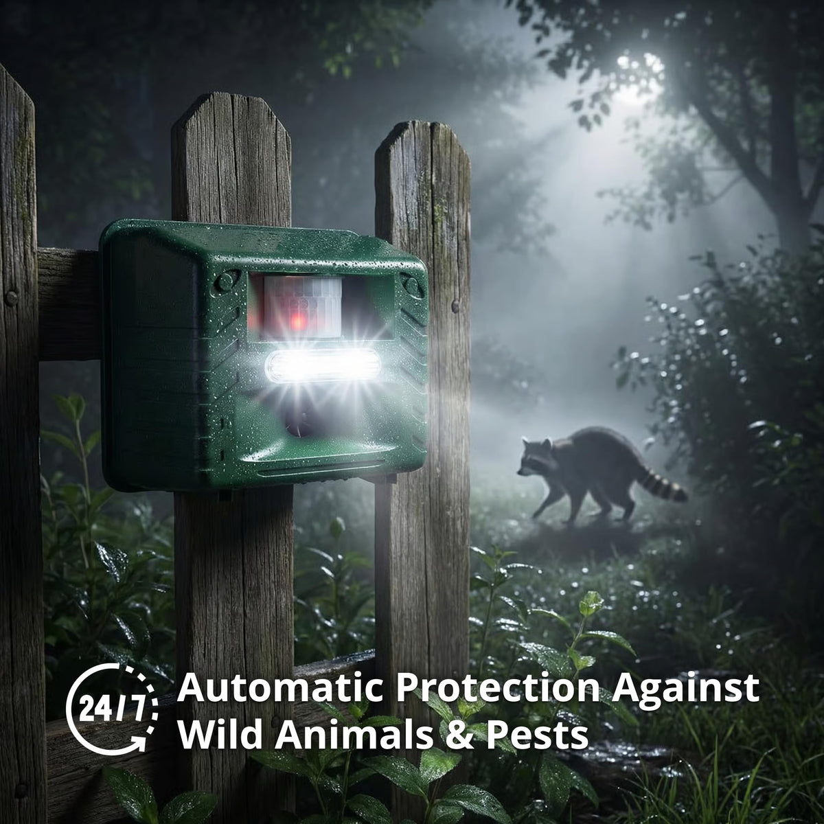 ASPECTEK Yard Sentinel mounted on a fence covering entry points for deterrence.