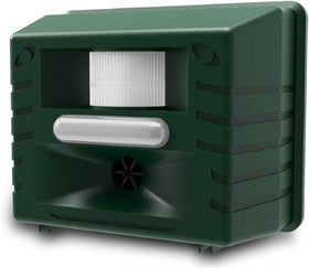 ASPECTEK Yard Sentinel Ultrasonic Repeller front view deterring deer and raccoons in the yard.