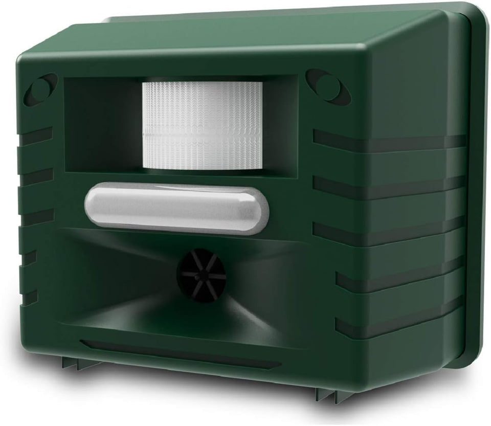 ASPECTEK Yard Sentinel Ultrasonic Repeller front view deterring deer and raccoons in the yard.