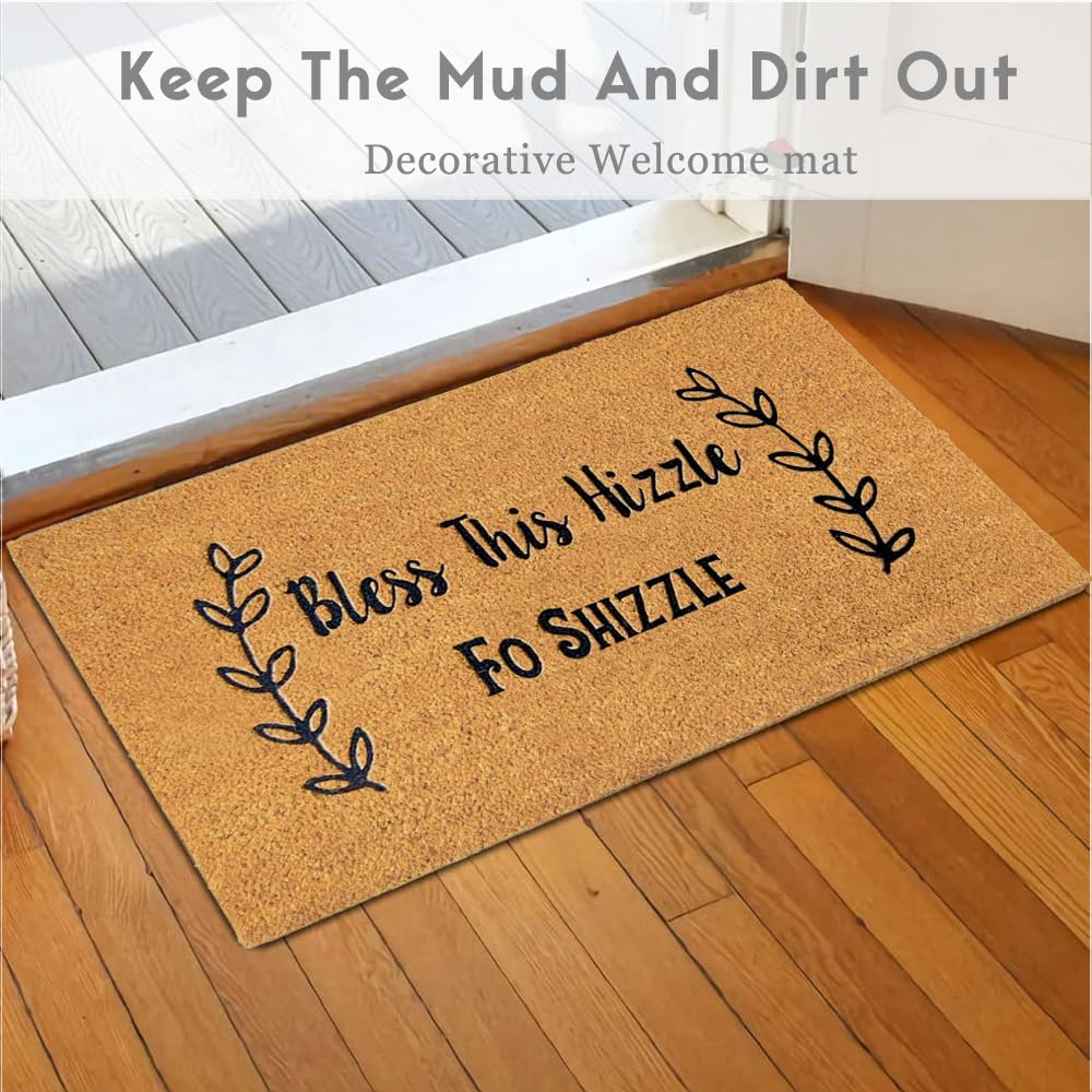 Assaoy welcome embroidery detail mat showing playful design