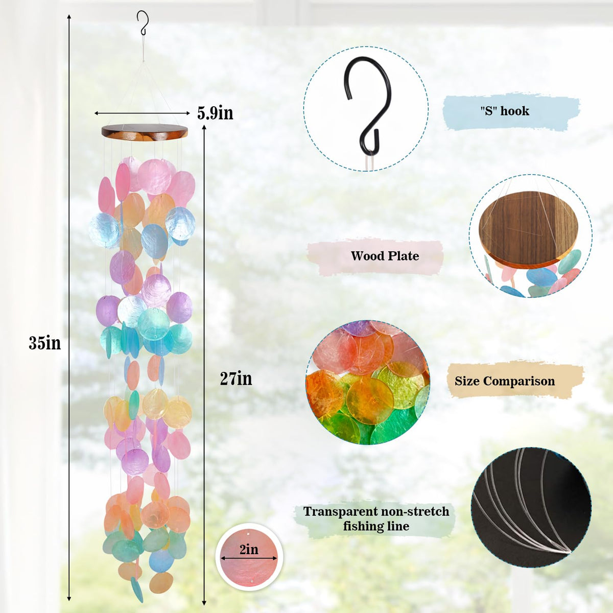 ASTARIN capiz shell wind chime 35-inch outdoor hanging in sunlight