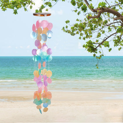 ASTARIN capiz shell wind chime closeup showing iridescence for outdoor ambience