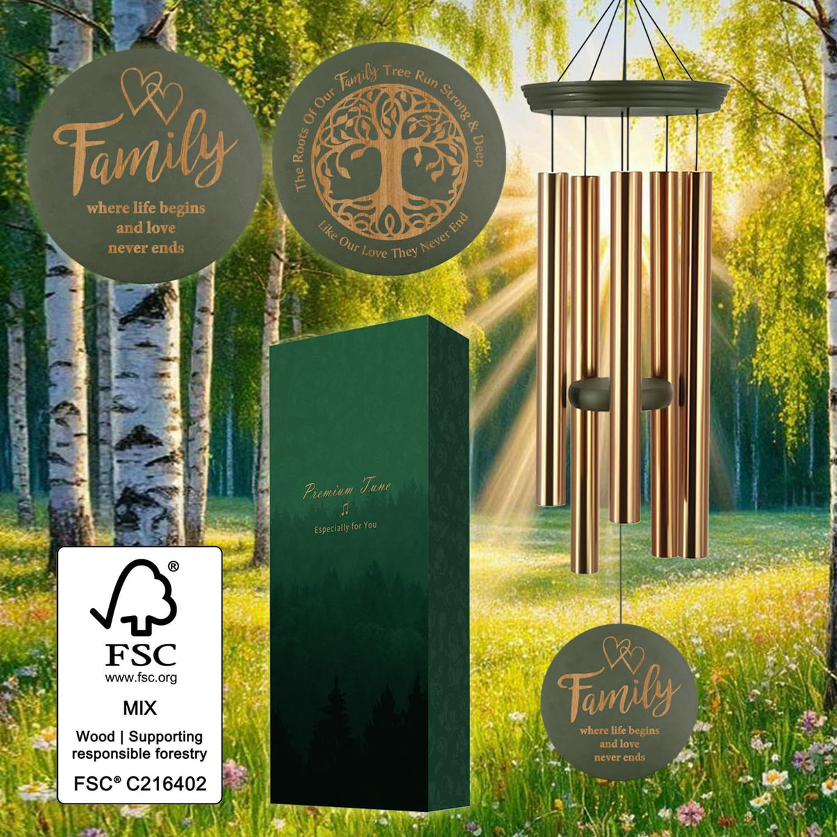ASTARIN five-tube tuned wind chimes producing rich, calming tones in a backyard
